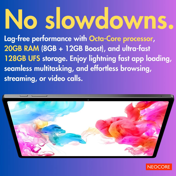 NEOCORE E2 | Tablette Android 10,1'' | 20 Go de RAM | 128 Go de stockage | 15h+ Batterie